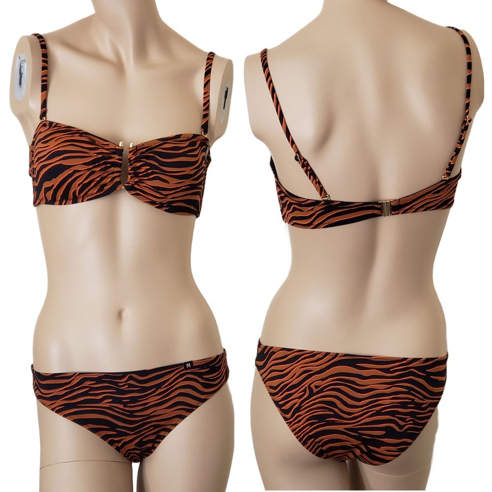 Undiz Swimwear Zebra Animal Print U Wire Bandeau Hipster SZ M Black Rust Brown